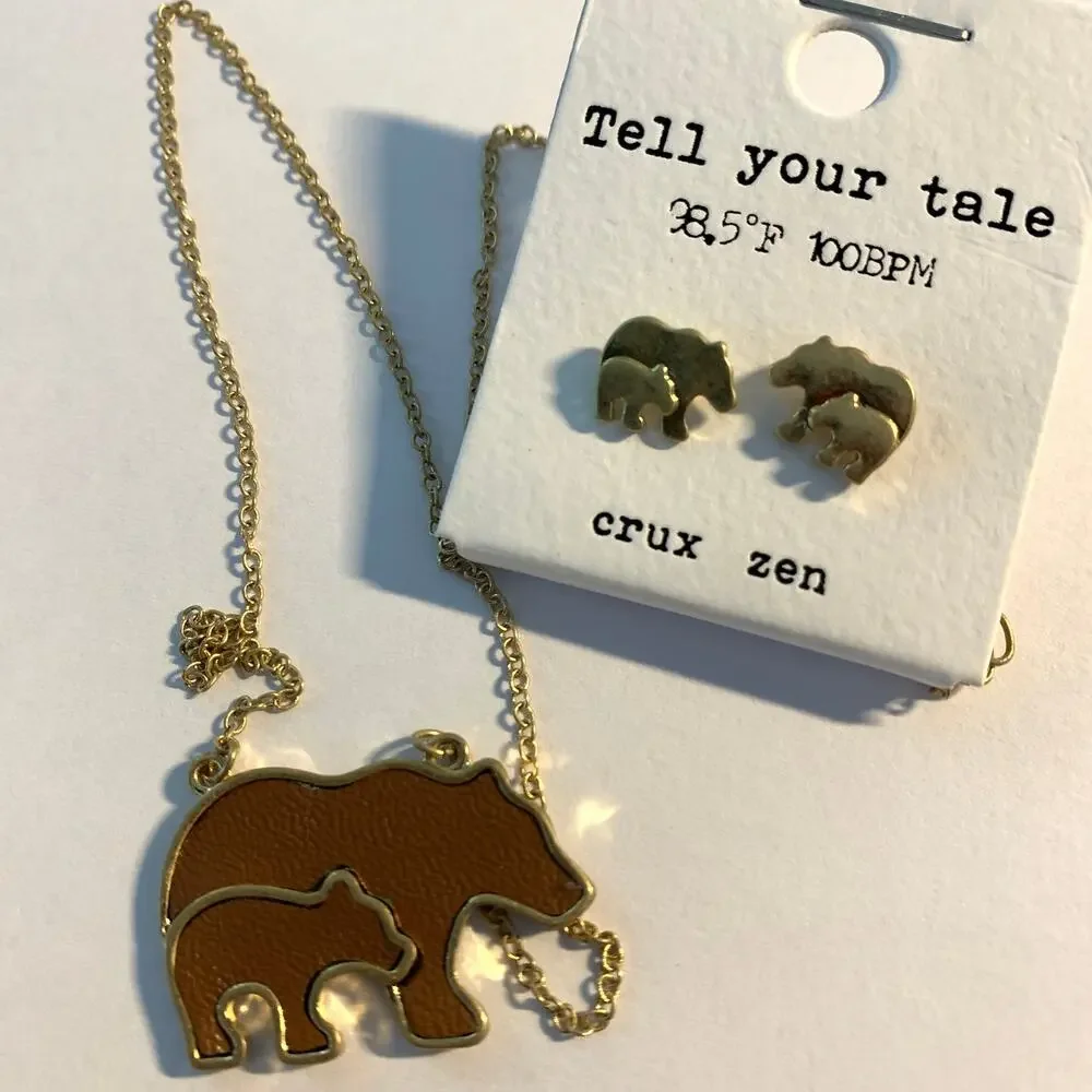 Mama Bear Necklace Earring Set Leather
